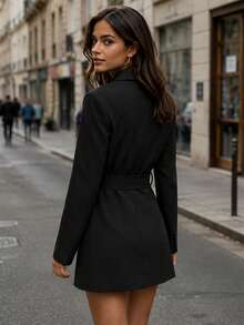 Blazer elegante de manga larga con cintura ceñida para mujer - Falda estilo A-Line de color negro puro con cuello clásico, lavable a máquina y lavable en seco, versátil para uso casual y formal en primavera y otoño - Negro - Ver 3