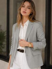 Women's Elegant Solid Color Button-Up Jacket, Long Sleeve Lapel Blazer, Spring/Summer Office & Casual Wear, Machine Washable, Classic Blazer Fall - Light Grey - View 3