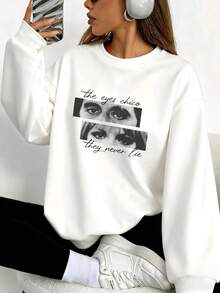 Oversized Women's Sweatshirt For Autumn/Winter, Casual Daily Wear, Long Sleeve Hoodie, Outerwear Top, Y2K, Letter Slogan Graphic, Unisex, Streetwear - White - View 4
