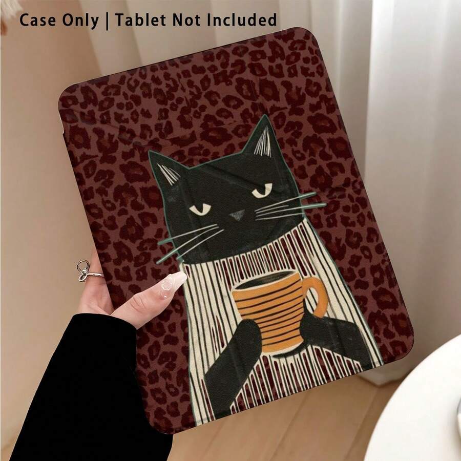 Leopard, Cat, Coffee Pattern Painted Effect Tablet Protective Case With Stand, Compatible With Honor 8/9/10/X8/X8A/X9/X8Pro/X9Pro, MatePad SE 11"/MatePad 11"/11.5", MatePad Pro, Apple 10th/11th Gen 2025 (A16), Galaxy Tab A7/A9 And Other Popular Models - Style 21 - View 1