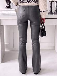 Women's Elegant Faux Leather Flared Jeans With Button Zipper Pockets, Long PU Pants For Fashionable Fall Outfits, Medium Stretch Flare Leg Trousers - Grey - View 4