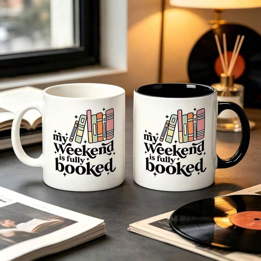 1pc 11oz My Weekend Is Fully Booked Ceramic Coffee Mug, Book Lover Retro Graphic Two‑Tone Cup, Dishwasher Reusable Drinkware, Reading Fan Daily Home Office Cup, Ideal Novelty Gift For Bookworms Readers - Multicolor - View 1