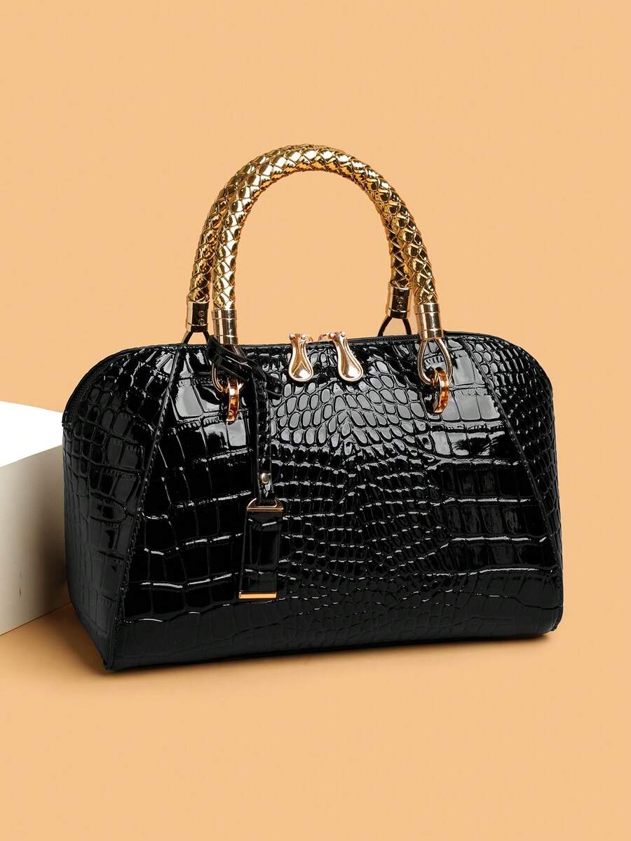 New Women's Handbag With Faux Crocodile Texture PU Material, Comfortable Woven Handle, Fashionable Tag, Versatile Minimalist Design For Daily Commute, Outings, Shopping And Travel - Black - View 1