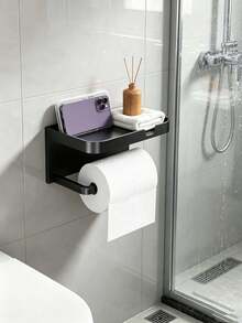 1pc/10pcs Modern Minimalist Metal Wall-Mounted Toilet Paper Holder, Rectangular Shelf Design, Integrated Top Storage Tray And Toilet Paper Roll Holder, Multi-Functional Storage Organizer, Bathroom Restroom Home Indoor Daily Use - Multicolor - View 2