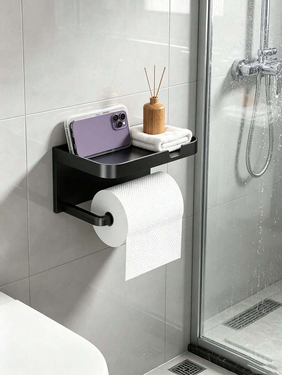 1pc/10pcs Modern Minimalist Metal Wall-Mounted Toilet Paper Holder, Rectangular Shelf Design, Integrated Top Storage Tray And Toilet Paper Roll Holder, Multi-Functional Storage Organizer, Bathroom Restroom Home Indoor Daily Use