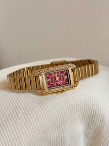1pc Luxury Rectangular Women's Watch, Polished Gold Case With Red Dial, Suitable For Daily Wear - Gold - View 2