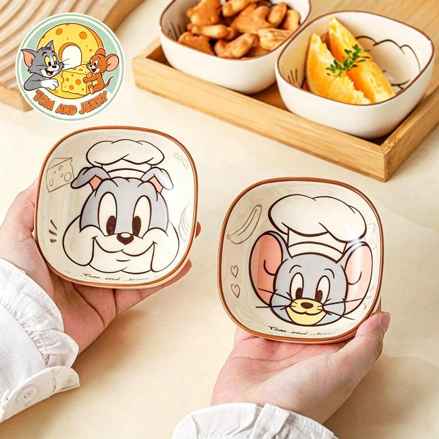 TOM AND JERRY. 1pc Official Authentic Super Cute Ceramic Small Square Bowl, Thickened Heat-Resistant Seasoning Dish, Long-Lasting Non-Fading Underglaze Color, Multi-Purpose Bowl For Snacks / Side Dishes / Dipping Sauces - Multicolor - View 1