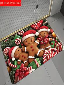 1pc Christmas Gingerbread Man Pattern Door Mat, Faux Cashmere Material, Machine Washable Bathroom Rug, Suitable For Indoor/Outdoor Entryway, Kitchen, Bedroom, Hallway, Balcony And Other Areas, Home Decor Carpet, Christmas Decoration, New Year Decoration - A - View 2