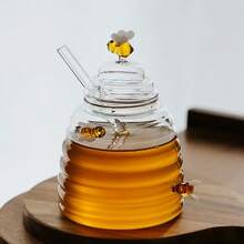 1pc Elegant Honey Jar With Integrated Dipper, High Borosilicate Glass Container, Sealed Lid, Heat And Impact Resistant, Suitable For Bee Decor, Beekeepers, Home Cooks, Ideal Gift For Bee Lovers, Kitchen Decor, Food Storage And Organization, Floral Pattern, Premium Kitchenware, Syrup Dispenser, Kitchen Enthusiasts - View 2