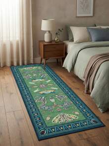 1PC Vintage Symmetrical Insect Pattern Peacock Green Long Runner Rug, Bohemian Style Faux Cashmere Rectangular Butterfly Moth Dragonfly Design Machine Washable Long Floor Mat, Suitable For Living Room Hallway Entryway Home Decor - Multicolor - View 2