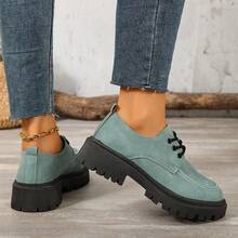 Sepatu Loafer Wanita Sol Tebal Ringan Nyaman Bertali Ujung Bulat Musim Semi Musim Gugur Baru Serbaguna Sepatu Hak Tebal Gaya Retro Inggris Sepatu Kulit Kecil untuk Perjalanan Sehari-hari - Mint Blue - View 5