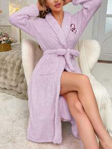 Women's Plush Heart Embroidered Robe, Soft And Comfortable Autumn/Winter Loungewear, Cream Color Plush Bathrobe, Women's Fluffy Plush Robe - Heart Purple - View 5