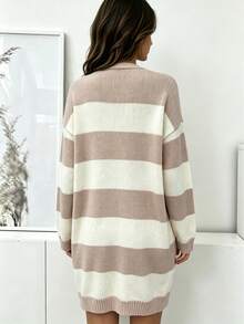 Plus Size Pink & White Wide Striped Knit Cardigan, V-Neck, Drop Shoulder, Long Sleeve, Pockets, Loose Fit, Long Length Sweater Jacket - Apricot - View 5