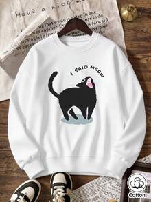 Women's Loose Fit Crew Neck Sweatshirt With Black Cat "I SAID MEOW" Print, Breathable Casual Street Style Pullover For Spring & Fall Daily Wear - White - View 4