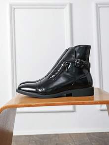 Men's Rivet Buckle Decor High-Top Ankle Boots With Side Zipper, Square Toe, Low Heel, Business Casual Shoes For Office, Banquet, Date, Commute And Daily Wear - Black - View 1