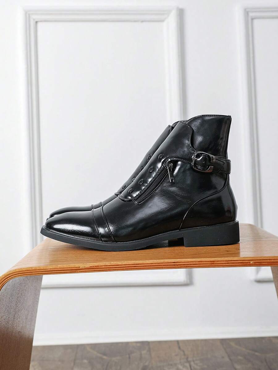 Men's Rivet Buckle Decor High-Top Ankle Boots With Side Zipper, Square Toe, Low Heel, Business Casual Shoes For Office, Banquet, Date, Commute And Daily Wear - Black - View 1