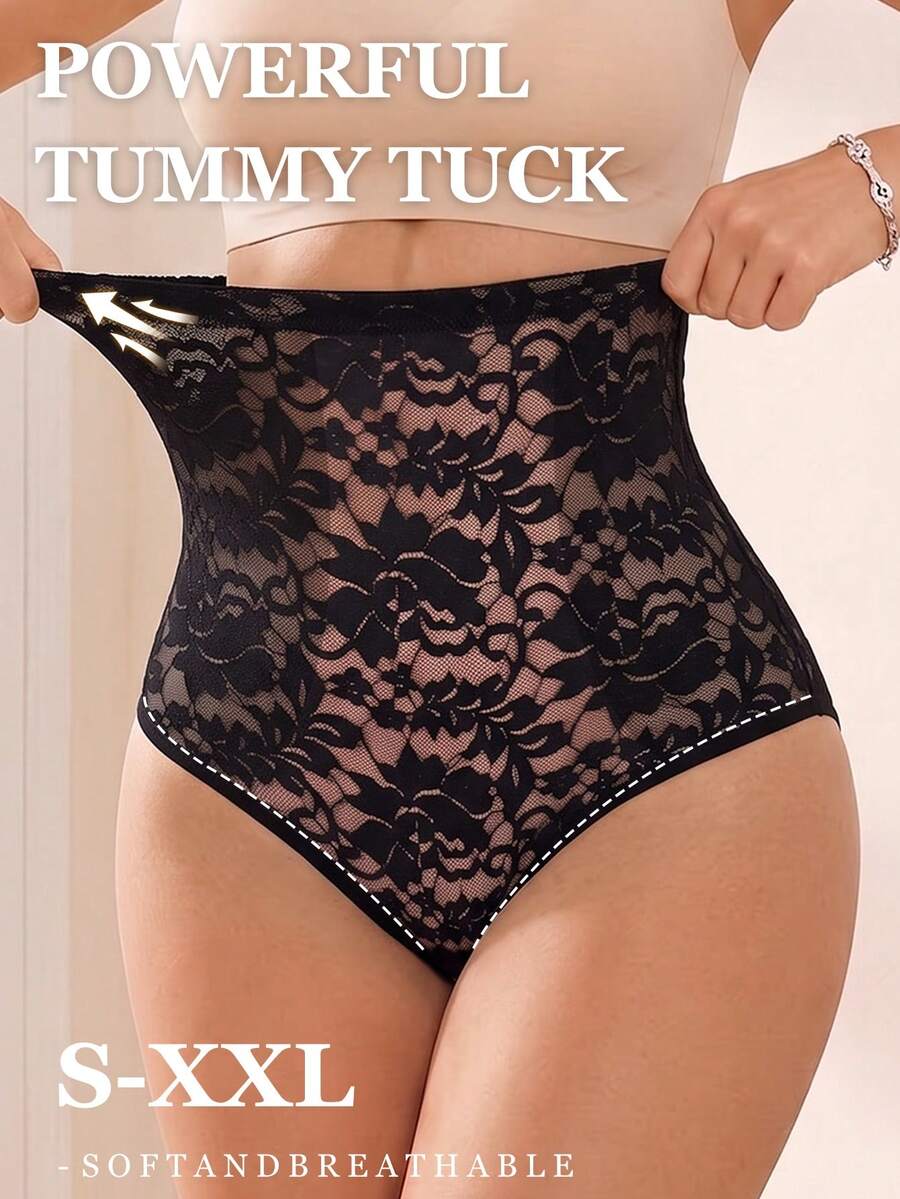 High Waist Tummy Control Butt Lift Seamless No-Roll Lace Light Shaping Safety Panties - Black - View 1