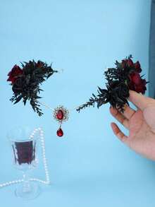 Gothic Black Red Rose Forehead Headpiece Red Teardrop Crystal Pendant Dark Bridal Wedding Hair Accessory For Halloween Cosplay Party - Black - View 5