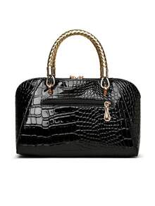 New Women's Handbag With Faux Crocodile Texture PU Material, Comfortable Woven Handle, Fashionable Tag, Versatile Minimalist Design For Daily Commute, Outings, Shopping And Travel - Black - View 7