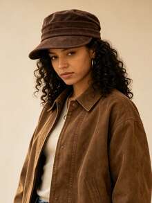 Women Faux Suede Newsboy Cap, Pleated Face-Slimming Hat, Adjustable Maillard Style, Fall Winter Essential - Solid Color Flat Top Newsboy Cap - View 1
