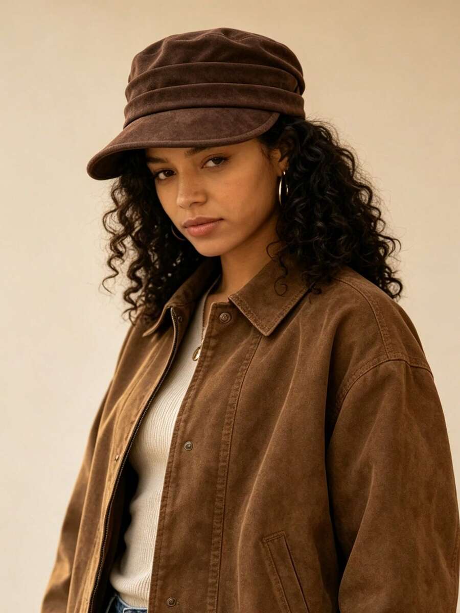 Women Faux Suede Newsboy Cap, Pleated Face-Slimming Hat, Adjustable Maillard Style, Fall Winter Essential - Solid Color Flat Top Newsboy Cap - View 1