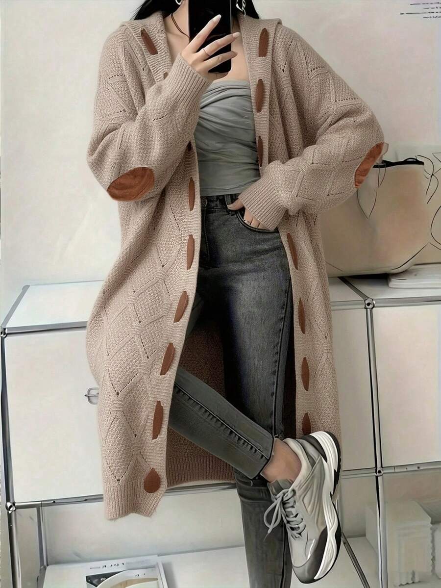 Women's Boho Open Front Long Cardigan,Cable Knit Patchwork Elbow Patch Loose Fit Sweater Coat For Fall&Winter /Going Outfit/Office/Work/Helloween - Pink - View 1