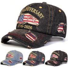 1pc Men's 250TH ANNIVERSARY 1776-2026 Letter Embroidered Distressed Washed Denim Baseball Cap, Street Fashion Hat, Outdoor Sun Protection Casual Cap For Spring/Autumn Travel, Beach Vacation - Multicolor - View 8