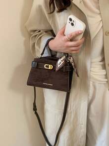 Handbag, Exquisite Small Square Handbag, Lock Closure Design For Secure And Convenient Use, Hand-Carry Part Decorated With Wrapped Scarf, Vintage And Gentle Style. Equipped With Detachable Long Shoulder Strap, Switchable Between Hand-Carry And Crossbody Carrying Methods, Compact And Exquisite Body, Suitable For Outings And Dates, Enhancing Overall Outfit Style. - Coffee Brown - View 5