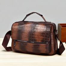 HOVI'S Men's Vintage Crocodile Embossed Crossbody Bag, Large Capacity Shoulder Bag With Multiple Pockets And Zipper Closure, Suitable For Travel, School And Daily Use - Brown - View 2