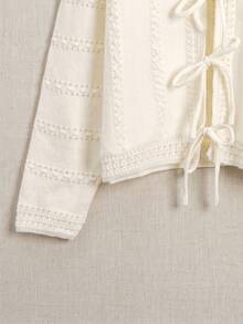 JIANHU Autumn/Winter Beige Hollow-Out Lace-Up Knit Cardigan - White - View 9