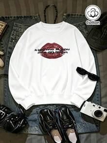 Women's Loose Fit Crew Neck Sweatshirt With Lip Print & Lettering, Breathable Casual Pullover For Spring Autumn Street Style - White - View 3