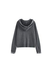 Women's Gray Double Zipper Cardigan Patchwork Plaid Hooded Sweater Jacket, Loose Lazy Design Top For Spring And Autumn - Grey - View 7