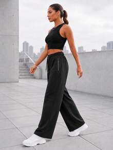 Women's Black Athletic Wide Leg Pants With Drawstring Elastic Waist And Zipper Side Pockets Relaxed Fit For Daily Wear - Black - View 4