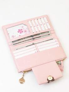 Long PU Wallet With Colorblock Decoration, Fashionable Exquisite Slim Design, With Buckle, Multifunctional, Can Be Used As Wallet And ID Holder, Compact And Lightweight, Easy To Carry - Pink - View 5