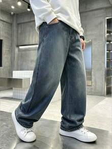 Boys' Cartoon Embroidered Straight Leg Jeans - Blue - View 1