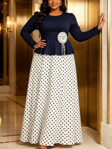 Elegant Plus Size Colorblock 2-Piece Set, Long Sleeve Ruffle Top With 3D Rose Polka Dot A-Line Maxi Skirt, Formal Outfit For Church And Wedding Guest - Navy Blue - View 1