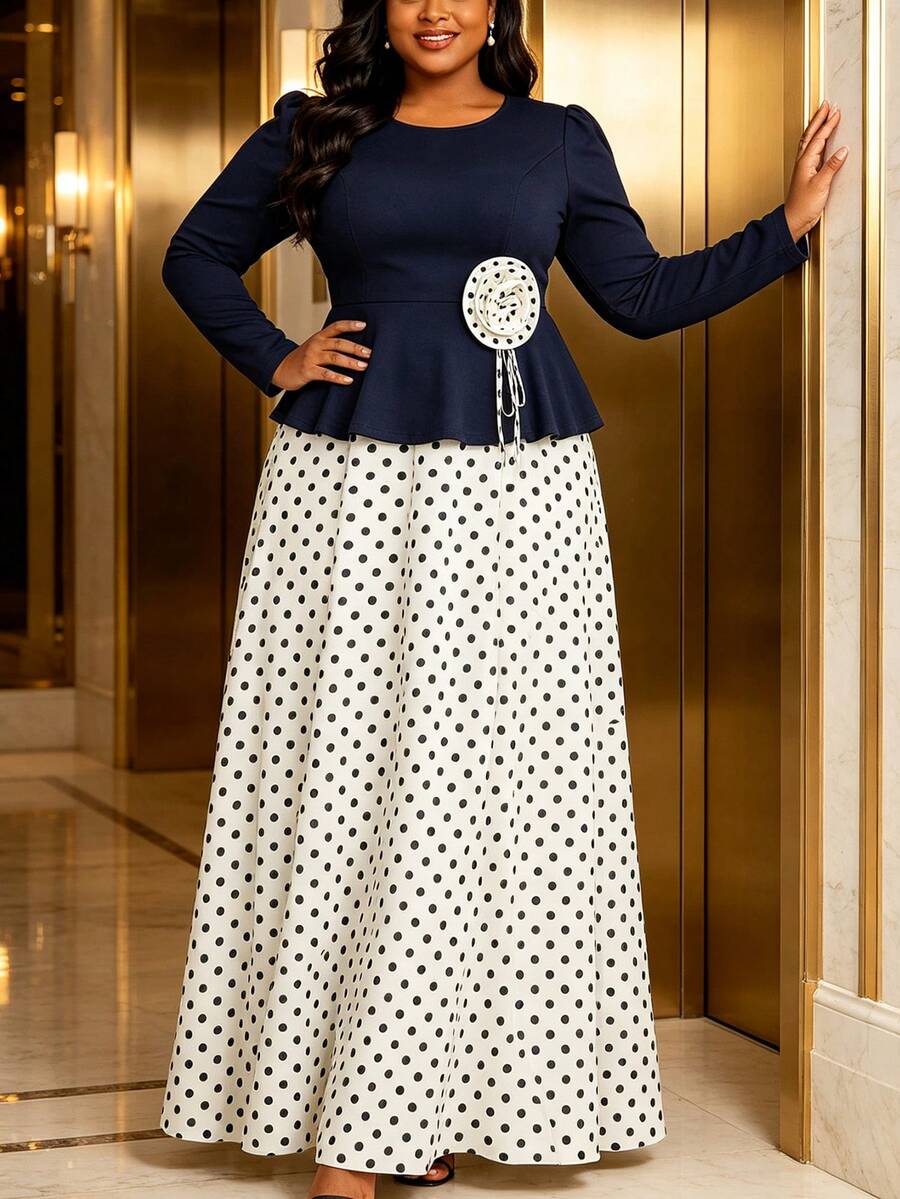 Elegant Plus Size Colorblock 2-Piece Set, Long Sleeve Ruffle Top With 3D Rose Polka Dot A-Line Maxi Skirt, Formal Outfit For Church And Wedding Guest - Navy Blue - View 1