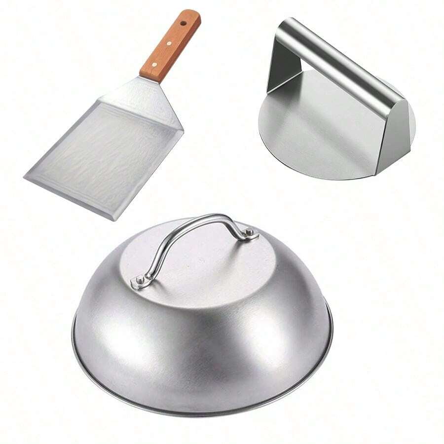 1/2/3件組 BBQ 套組,木柄漢堡壓製器套組,起司融化蓋,不鏽鋼漢堡壓製器與 BBQ 工具配件,適合露營廚師 - A - 查看 1