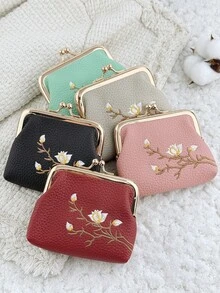 Fashionable Flower Embroidery Appearance, Multi-Functional And Compact Design With A Clip Opening And Closing, Portable Coin Purse And Card Bag - Pink - View 5