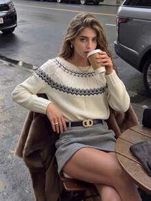 Women's Autumn Casual Beige Fair Isle Knit Round Neck Nordic Pattern Long Sleeve Soft Knit Holiday Top - Multicolor - View 8