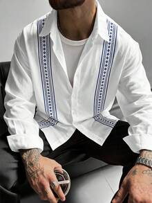 GloMan Old Money Style Men's White Base Blue Symmetrical Geometric Print Button Long Sleeve Shirt, Suitable For Autumn Business, Family Gatherings, Office Commute, Gift For Husband/Father - White - View 3