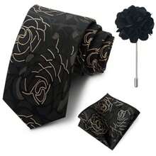 AlanKing Geometric Floral Pattern Men's Tie, Pocket Square & Lapel Pin 3-Piece Set, Suitable For Casual Holiday And Family Gatherings - Multicolor - View 4