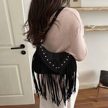 Tassel Shoulder Bag, Fashion Crossbody Women's Bag, Rivet Decor Personalized Vacation Style Versatile Bag - Black - View 5