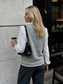 Nicenter Women's Fall Winter Grey V-Neck Contrast Lace Sleeve Wool Blend Sweater Vest, Elegant Casual Simple For Office Daily Home Date - Grey - View 2
