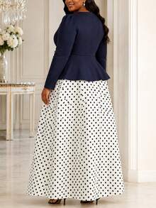 Elegant Plus Size Colorblock 2-Piece Set, Long Sleeve Ruffle Top With 3D Rose Polka Dot A-Line Maxi Skirt, Formal Outfit For Church And Wedding Guest - Navy Blue - View 6