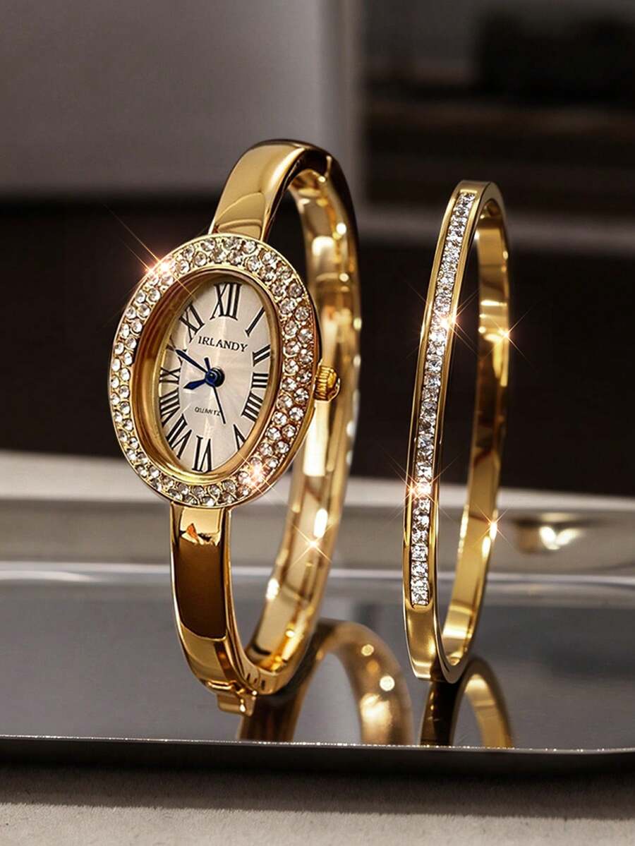 2pcs Women's Fashion Luxury Quartz Watch, Exquisite Oval Rhinestone Watch, Paired With Rhinestone Bracelet Jewelry Set, Suitable For Daily Wear, Holidays And Parties, Perfect Gift For Women.