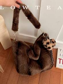 low tea 1pc Fashionable Wanderer Style Plush Fabric Shoulder Bag, Suitable For Commuting, Shopping, Etc. (With Pendant) - Coffee - View 9