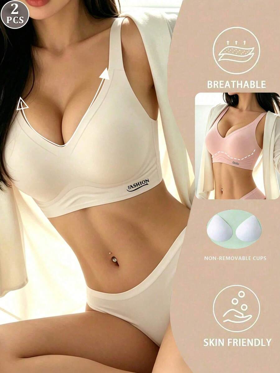 2件/組 女用無鋼圈內衣，無縫輕量襯墊不可拆卸式罩杯，透氣親膚，適合睡眠與日常穿著 - 彩色 - 查看 1