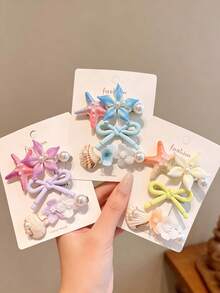 3pcs Women's Ocean Style Starfish & Shell Hair Clips, Pearl Flower Bow Side Clips, Beach Vacation Hair Accessories For Girls - Multicolor - View 2