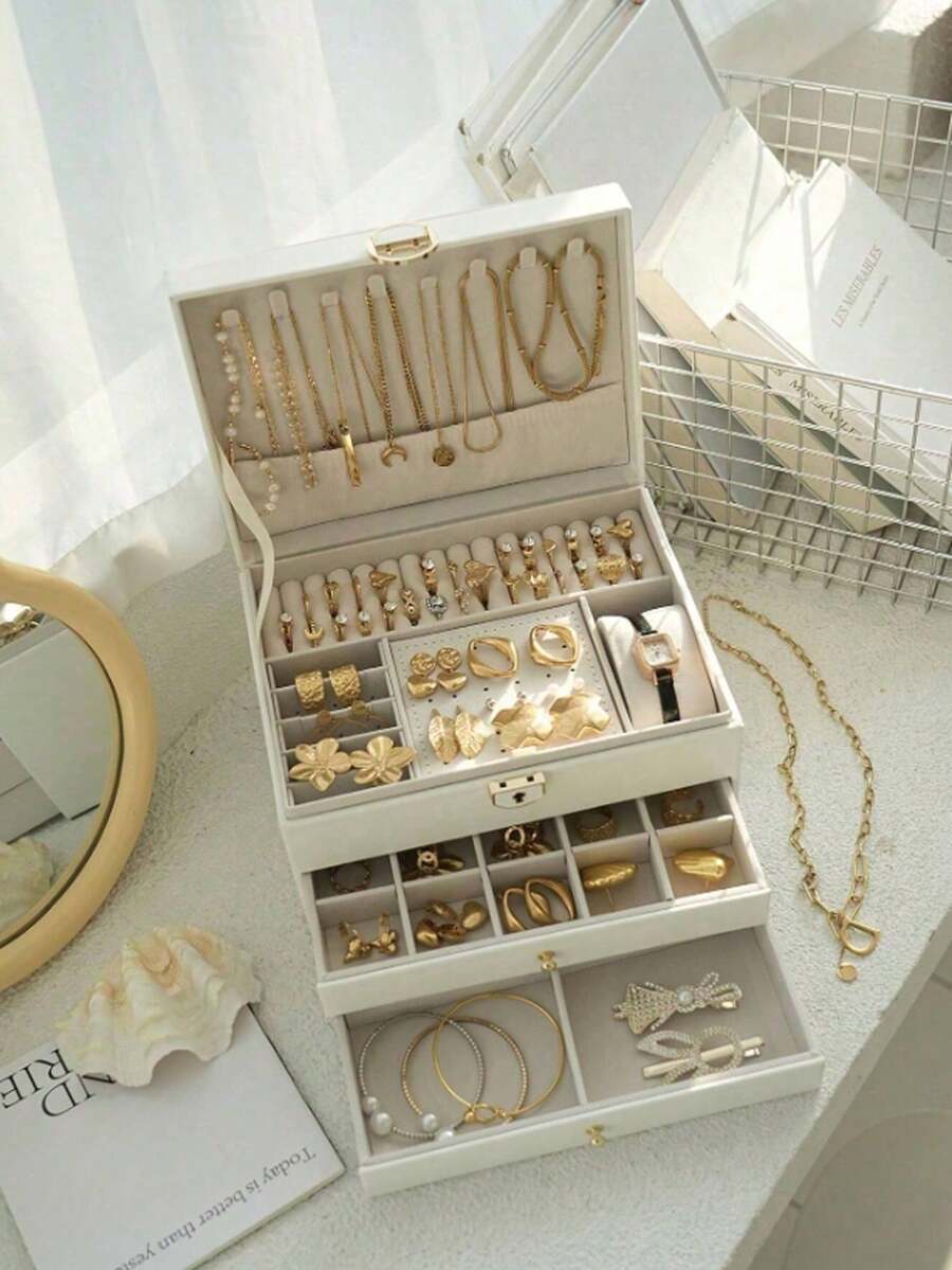 1pc 3-Layer Jewelry Storage Box, Watch Organizer, Necklace & Bracelet Storage Box, Ring Organizer, 3-Tier Large Capacity Jewelry Display Box, Rectangular Desktop Jewelry Box With Clasp, Girls Jewelry Storage Box, Lockable Storage Box - Multicolor - View 1